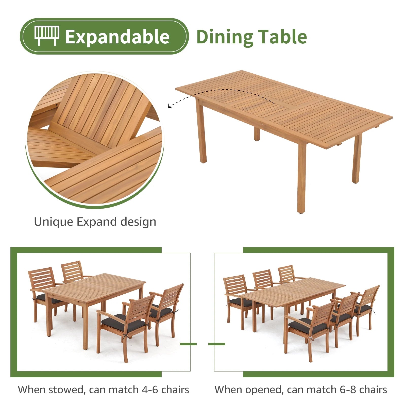 7 Piece Patio Dining Set, Outdoor Acacia Wood Furniture Set, Extendable Rectangular Table and 6 Stackable chairs w/Removeable Fabric Cushion, FSC Certified, for Deck Garden Backyard