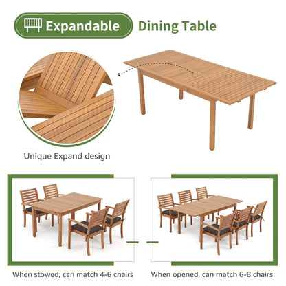 7 Piece Patio Dining Set, Outdoor Acacia Wood Furniture Set, Extendable Rectangular Table and 6 Stackable chairs w/Removeable Fabric Cushion, FSC Certified, for Deck Garden Backyard