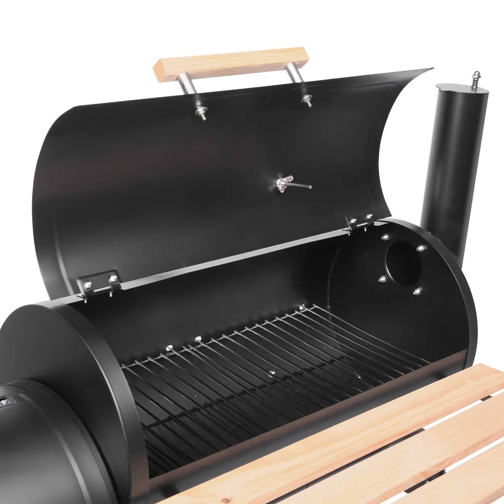 Barrel Charcoal Grill with Side Table, 500-600 Degrees, Multi-function oven with Wheel, Output for Outdoor Cooking Kitchen and Patio Backyard Barbecue, Stainless Steel