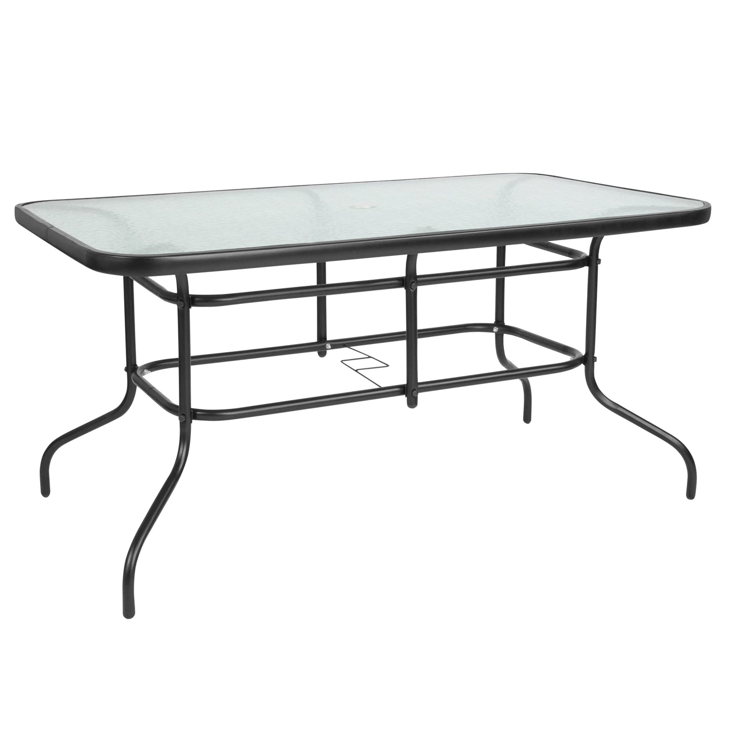 Flash Furniture 7 Piece Outdoor Patio Dining Set - 55" Tempered Glass Patio Table with Umbrella Hole, 6 Navy Flex Comfort Stack Chairs