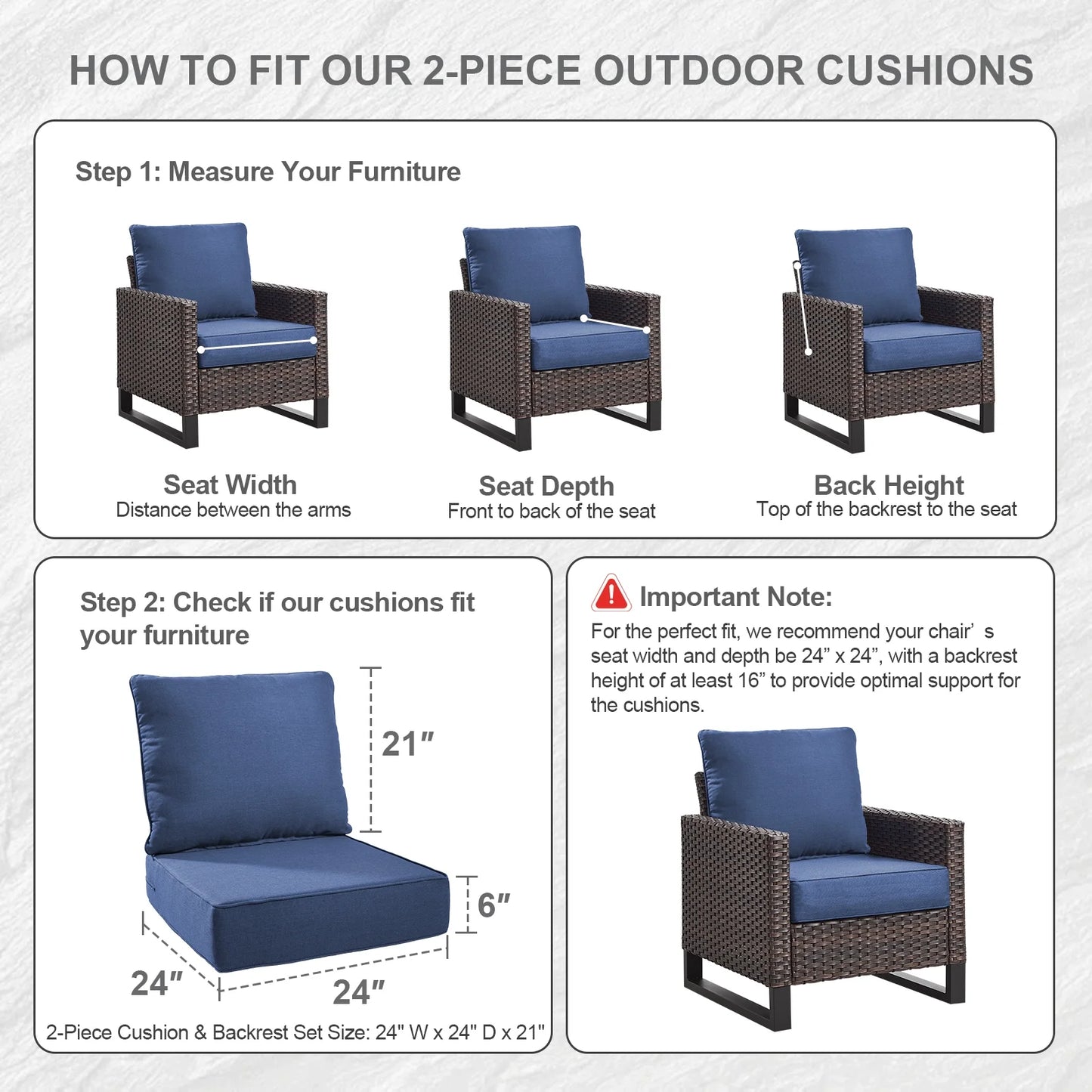 Bellefurn Outdoor Deep Seat Cushion 24 X 24 X 6 inch for Patio Furniture,Outdoor Chair Cushions Waterproof & Fade Resistant Patio Furniture Cushions for Wicker Chair, Sofa, Couch