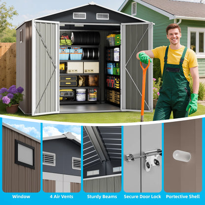 DISHUP Outdoor Storage Shed, 8x6 ft Metal Shed with WindowLockable Doors, Ideal for Backyard, Garden and Patio