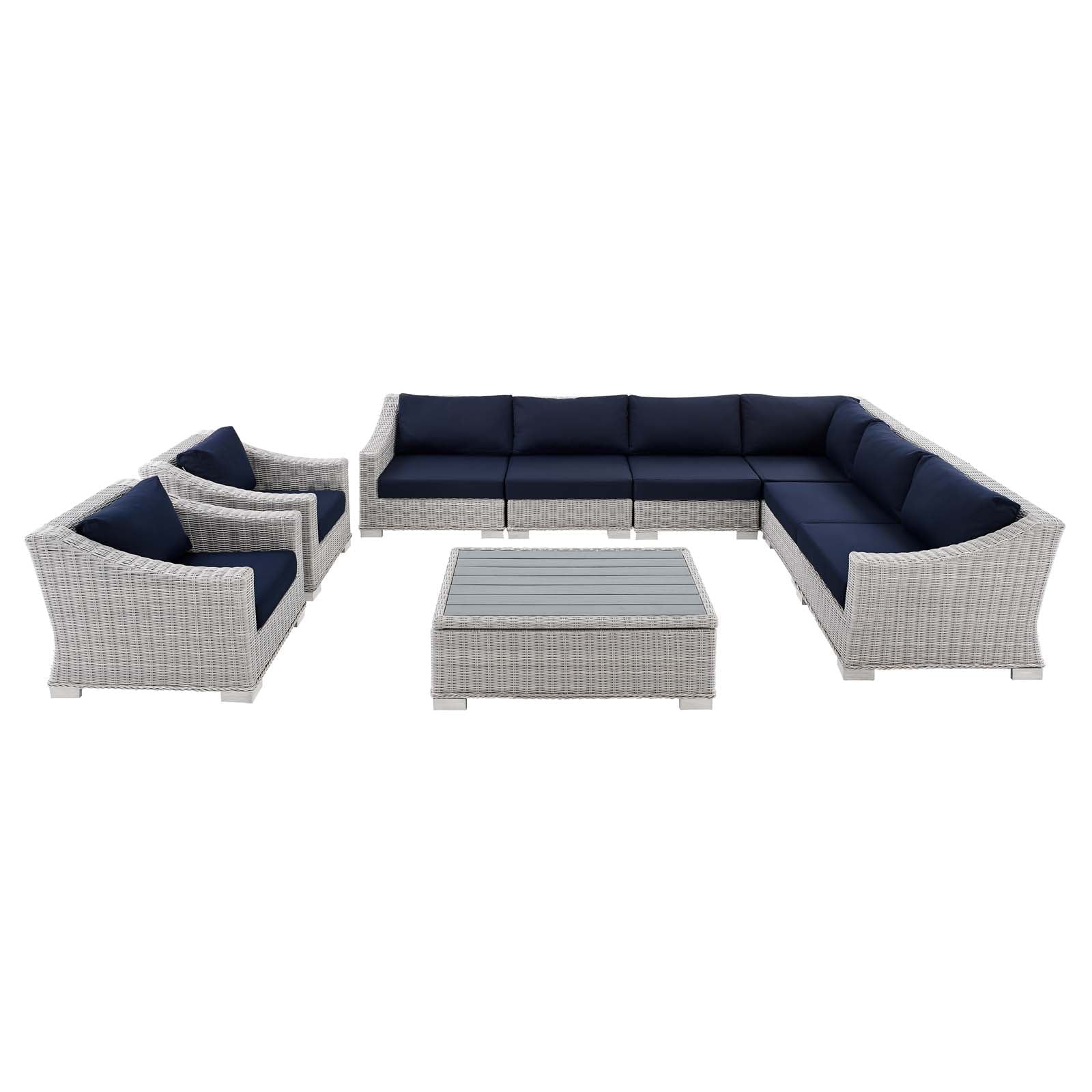 Lounge Sectional Sofa Chair Table Set, Rattan, Wicker, Light Grey Gray Blue Navy, Modern Contemporary Urban Design, Outdoor Patio Balcony Cafe Bistro Garden Furniture Hotel Hospitality