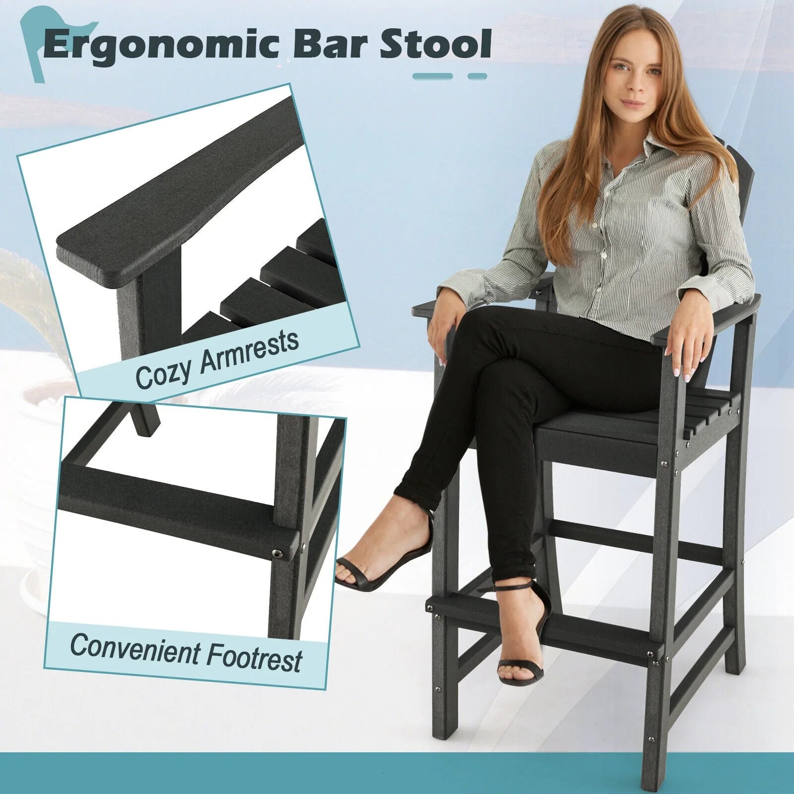 Vicamelia Patio Bar Stools Set of 2 HDPE Height Armchairs with Backrest and Footrest All Weather