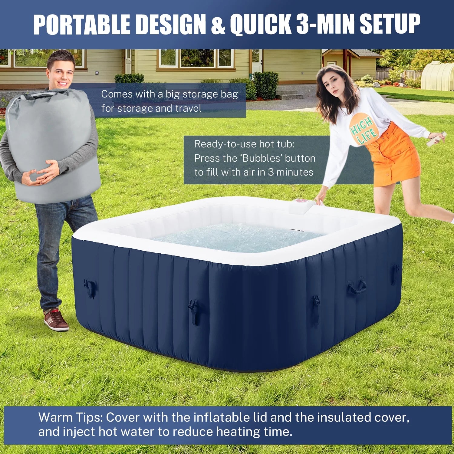 Hot Tub for 4-6 Person, Seizeen Outdoor Patio Large Inflatable Hot Tub Home SPA, with 130pcs Massage Jets, 910L, 4 Filters, 2 Cup Holders, Lockable Cover, Storage Bag, Max 104° F, 73in, Navy