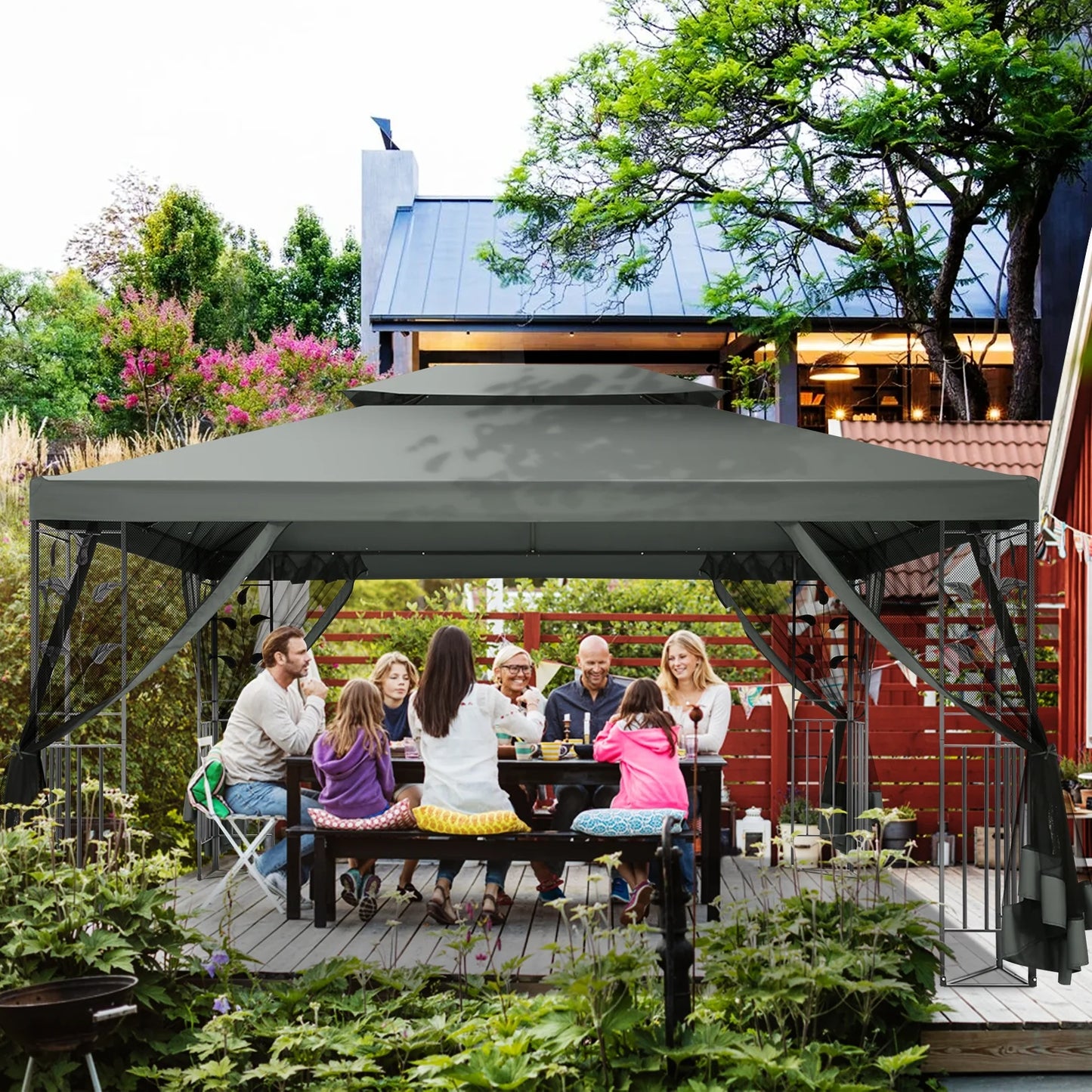 COBIZI 10' x 13' Pop Up Gazebo, Screened Patio Gazebo, Outdoor Steel Double Roof Canopy Tent, Metal Frame Canopy with Mosquito Netting, Sunshade for Garden, Lawns, Gray