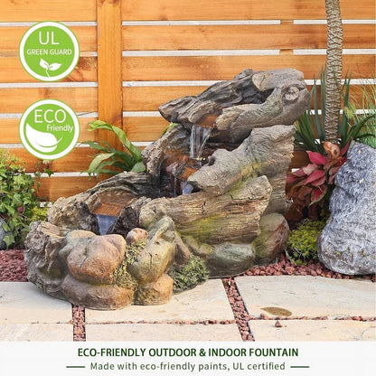 Outdoor Fountain Cascading Tiered Wood River Water Fountain with LED Lights for Garden, Patio, Backyard, Deck, Porch and Home Art Decor