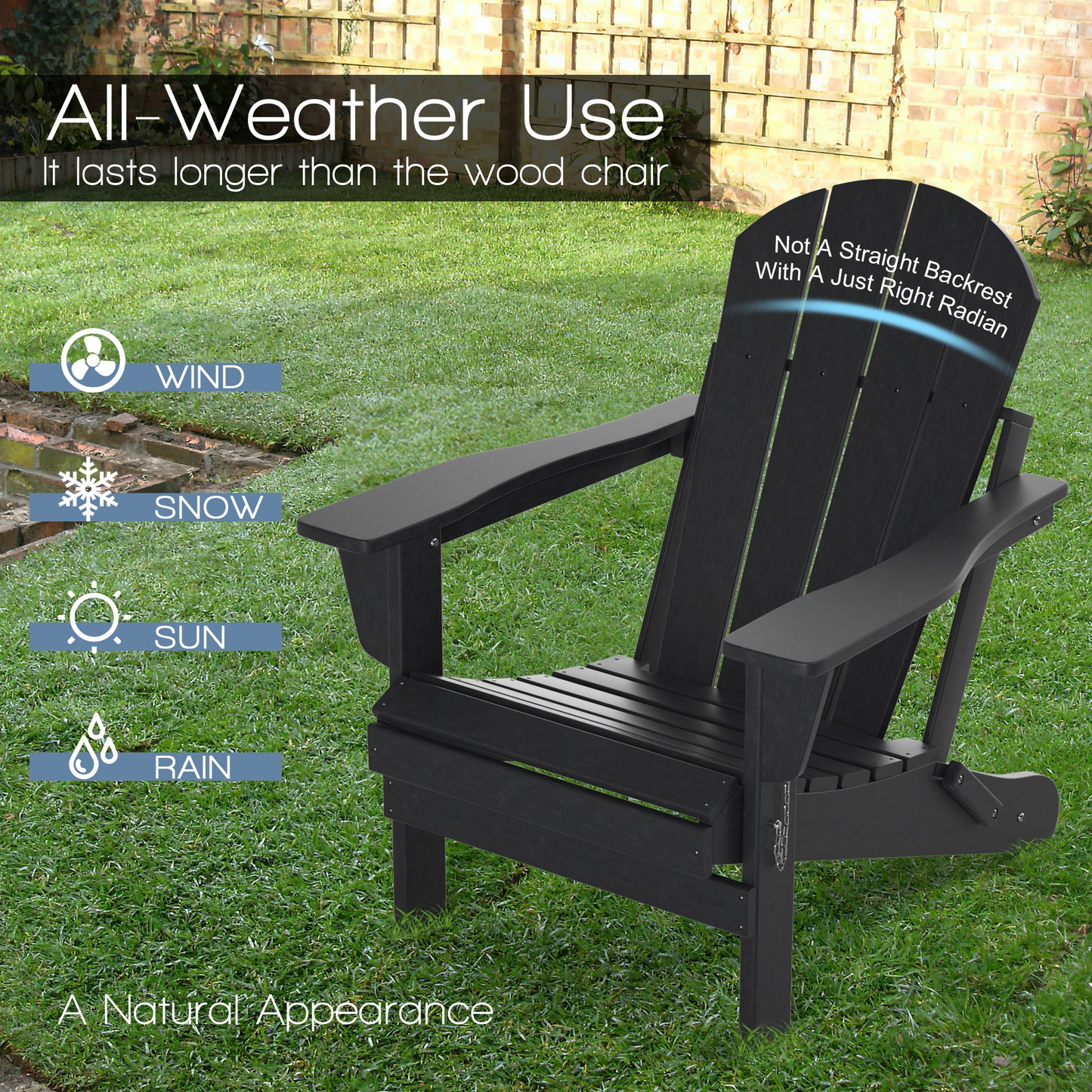TORVA Folding Adirondack Chair, Fire Pit Chair,Patio Outdoor Chairs All-Weather Proof HDPE Resin for BBQ Beach Deck Garden Lawn Backyard, Black