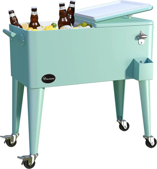 Dextrus 80 Quart Rolling Cooler Cart with Bottle Opener Drainage, Portable Patio Cooler Rolling on Wheels, Outdoor Rolling Beverage Cart Drink Cooler for Patio Pool Deck Party Cookouts