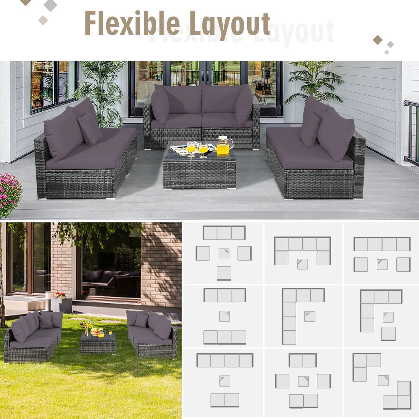Gymax 7PCS PE Rattan Patio Sectional Sofa Conversation Set w/Grey Cushions