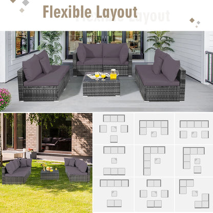 Gymax 7PCS PE Rattan Patio Sectional Sofa Conversation Set w/Grey Cushions