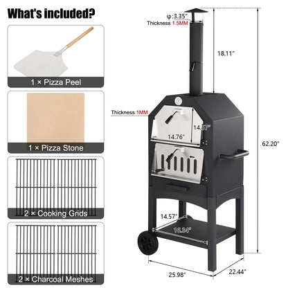 SalonMore Outdoor Pizza Oven 14'' Wood Burning Patio Pizza Maker Removable w/Pizza Stone, Pizza Peel, Grill Rack