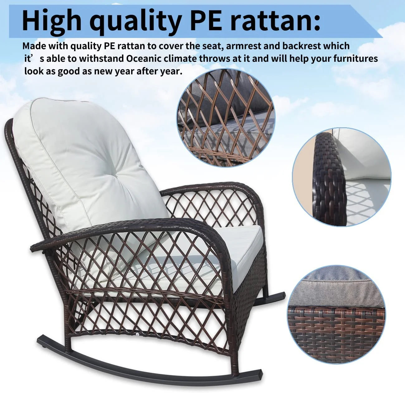 Furniture One 2 Piece Outdoor Wicker Rocking Chair, Patio Rattan Rocker Chair with Cushions & Steel Frame, All-Weather Rocking Lawn Wicker Furniture for Garden Backyard Porch