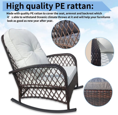 Furniture One 2 Piece Outdoor Wicker Rocking Chair, Patio Rattan Rocker Chair with Cushions & Steel Frame, All-Weather Rocking Lawn Wicker Furniture for Garden Backyard Porch