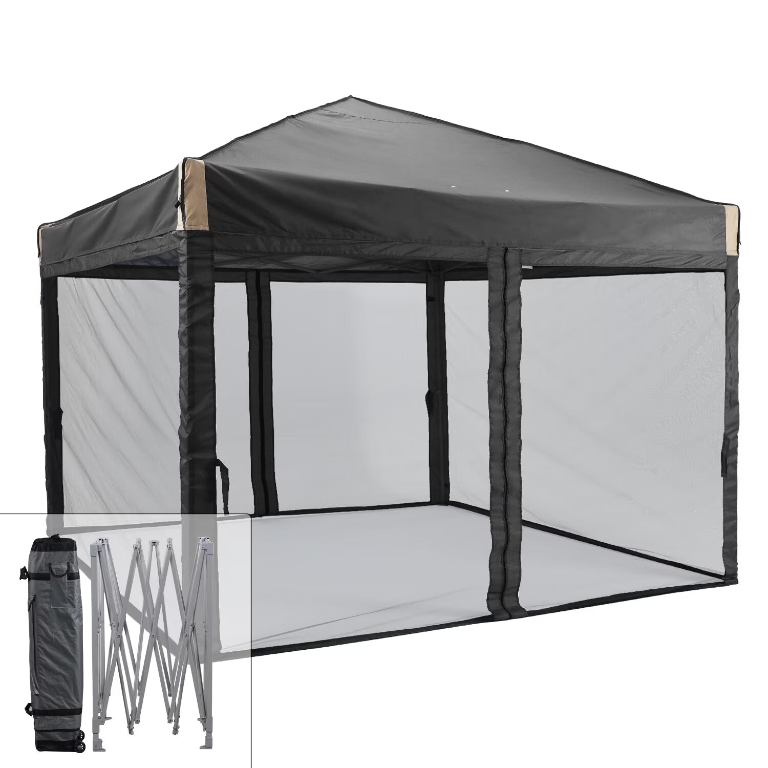 YUONAO 10x10 ft Pop Up Canopy Tent with Mesh Sidewalls, Portable Outdoor Shade Tent, Waterproof UV-Resistant Folding Gazebo for Backyard, Patio, Camping, Party(Beige)