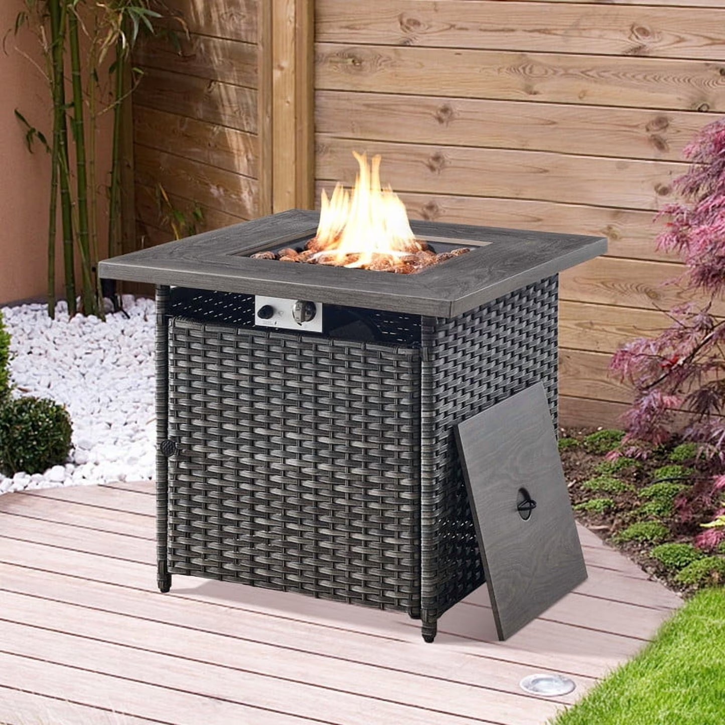 PARKWELL Outdoor Fire Pit 30" Square 50000 BTU Patio Propane Gas Fire Pit Table with Lava Rocks and Lid,Brown Wicker Firepit Faux Wood Tabletop