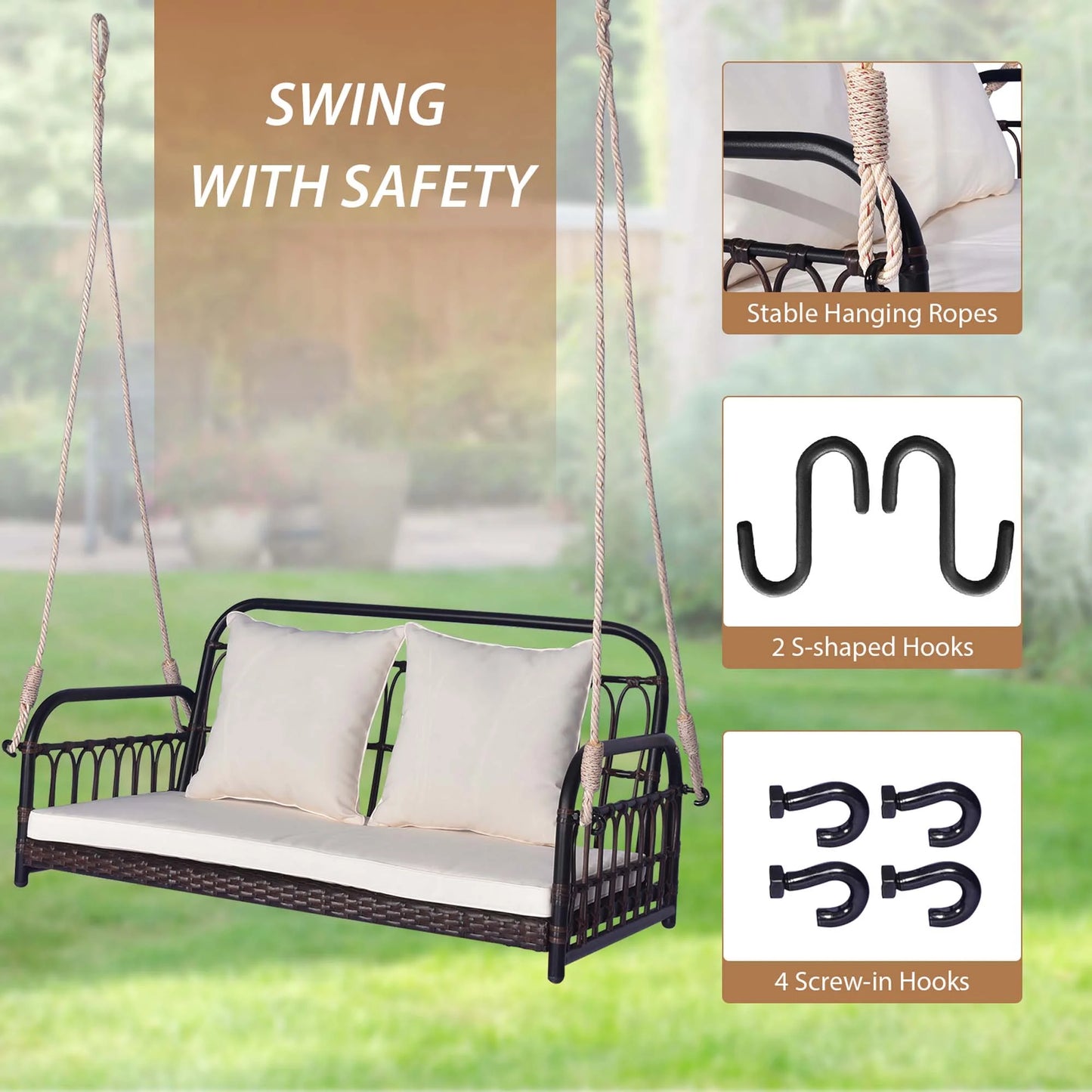 Costway Patio Swing Chair 2-Person Hanging Seat Outdoor Wicker Loveseat Cushioned Porch