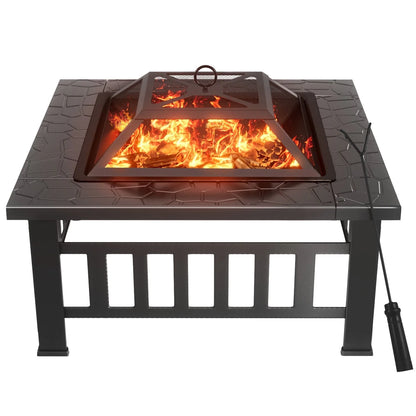 Lacoo 32" Patio Square Fire Pit Table for Patio Backyard BBQ, Ice Storage with Mesh Lid, Poker and Cover, Black