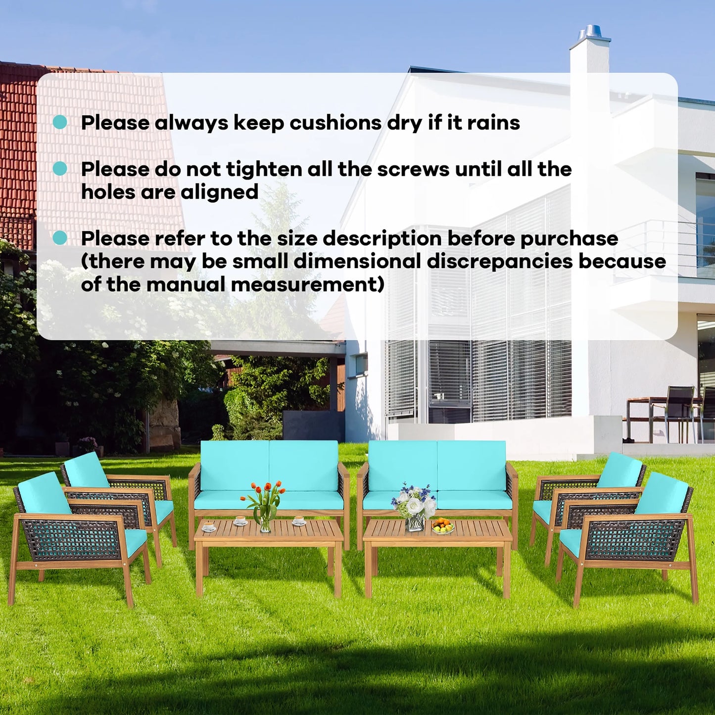 Costway 4PCS Patio Rattan Furniture Set Acacia Wood Cushioned Sofa Turquoise