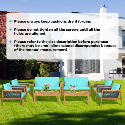 Costway 4PCS Patio Rattan Furniture Set Acacia Wood Cushioned Sofa Turquoise