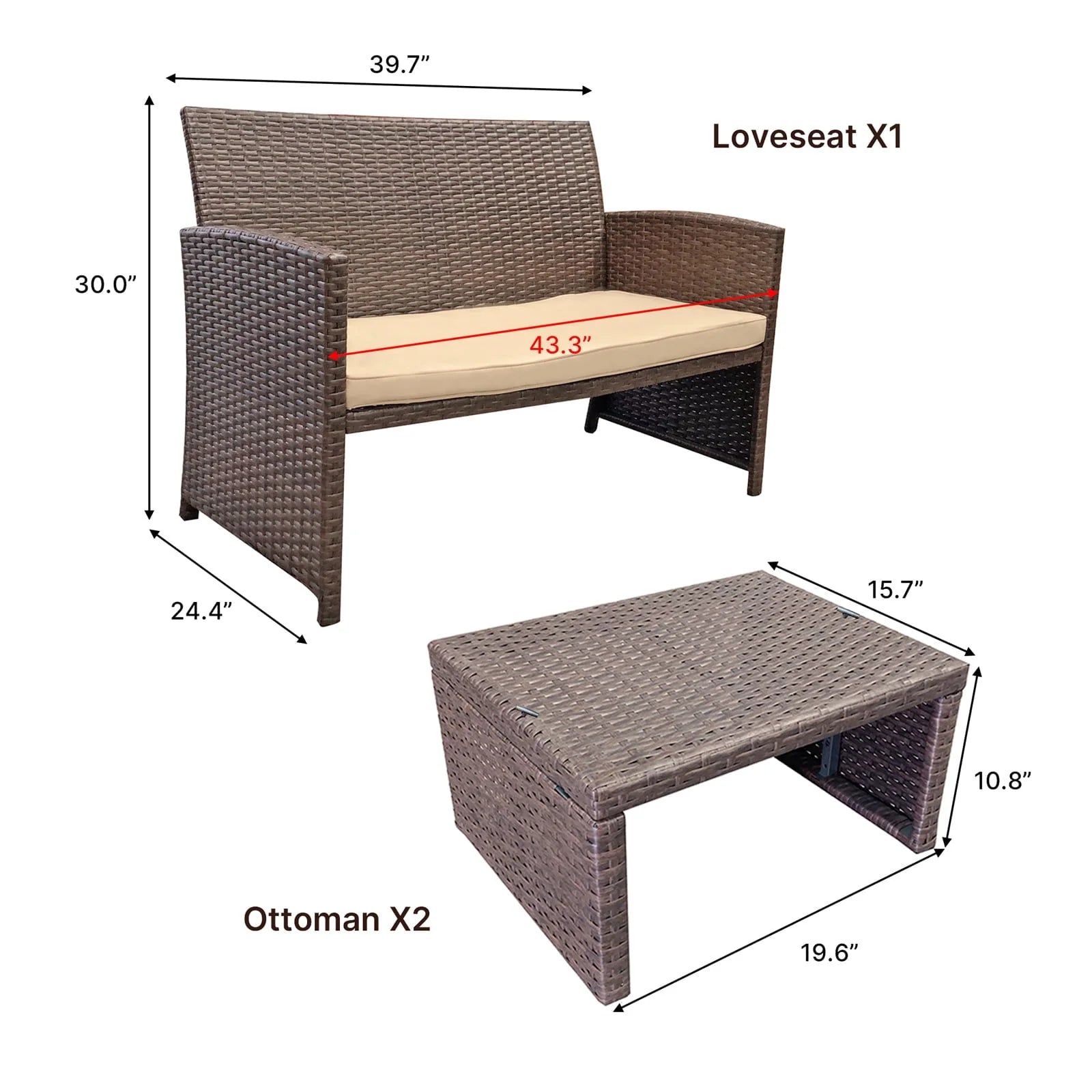 OC Orange-Casual 3 Piece Outdoor Loveseat, Patio Furniture Set, with Ottoman/Side Table, Brown Rattan, Beige Cushion