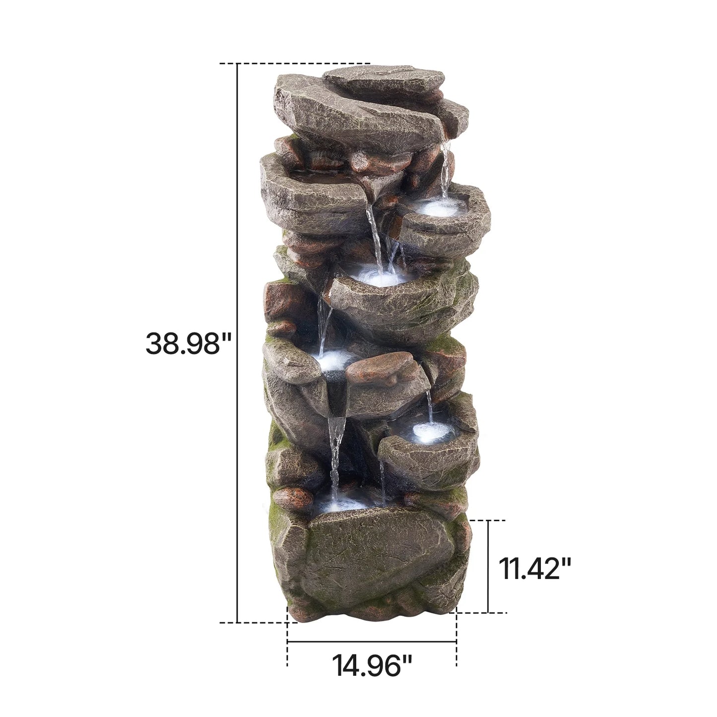 VEVOR Outdoor Water Fountain, 38.98 in Height Fountain and Waterfall, 7-Tier Floor Standing Rock-Shaped Cascading Fountains with LED Light and Pump, for Outdoor Indoor Garden, Home, Patio & Backyard