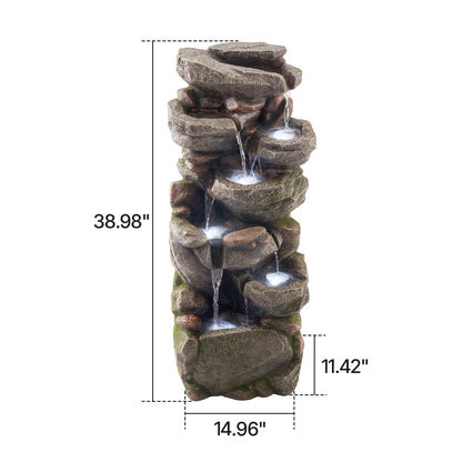 VEVOR Outdoor Water Fountain, 38.98 in Height Fountain and Waterfall, 7-Tier Floor Standing Rock-Shaped Cascading Fountains with LED Light and Pump, for Outdoor Indoor Garden, Home, Patio & Backyard