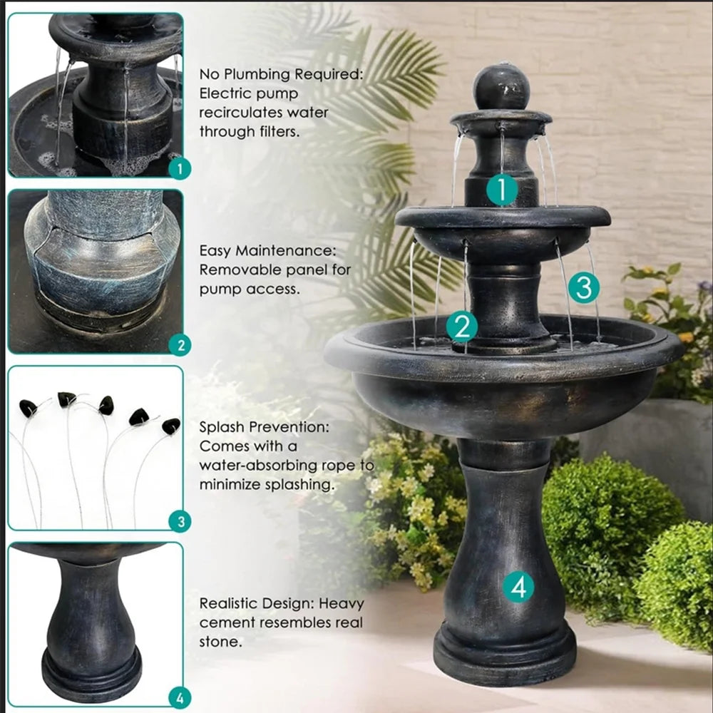 3-Tiers Modern Concrete Outdoor/Indoors Floor Fountain - Round Large Outdoor Freestanding Waterfalls Fountains for Garden, Patio, Yard, and Deck Decor