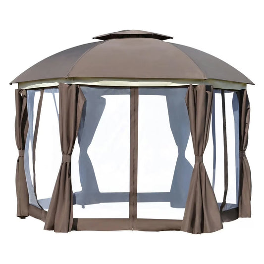 Topcobe 12' x 12' Round Outdoor Canopy Tent, Patio Dome Canopy Tent Canopy Shelter with Double Roof, Curtains, Zippered Doors, Strong Steel Frame, Outdoor Canopy, Shade Canopy, Patio Canopy, Brown