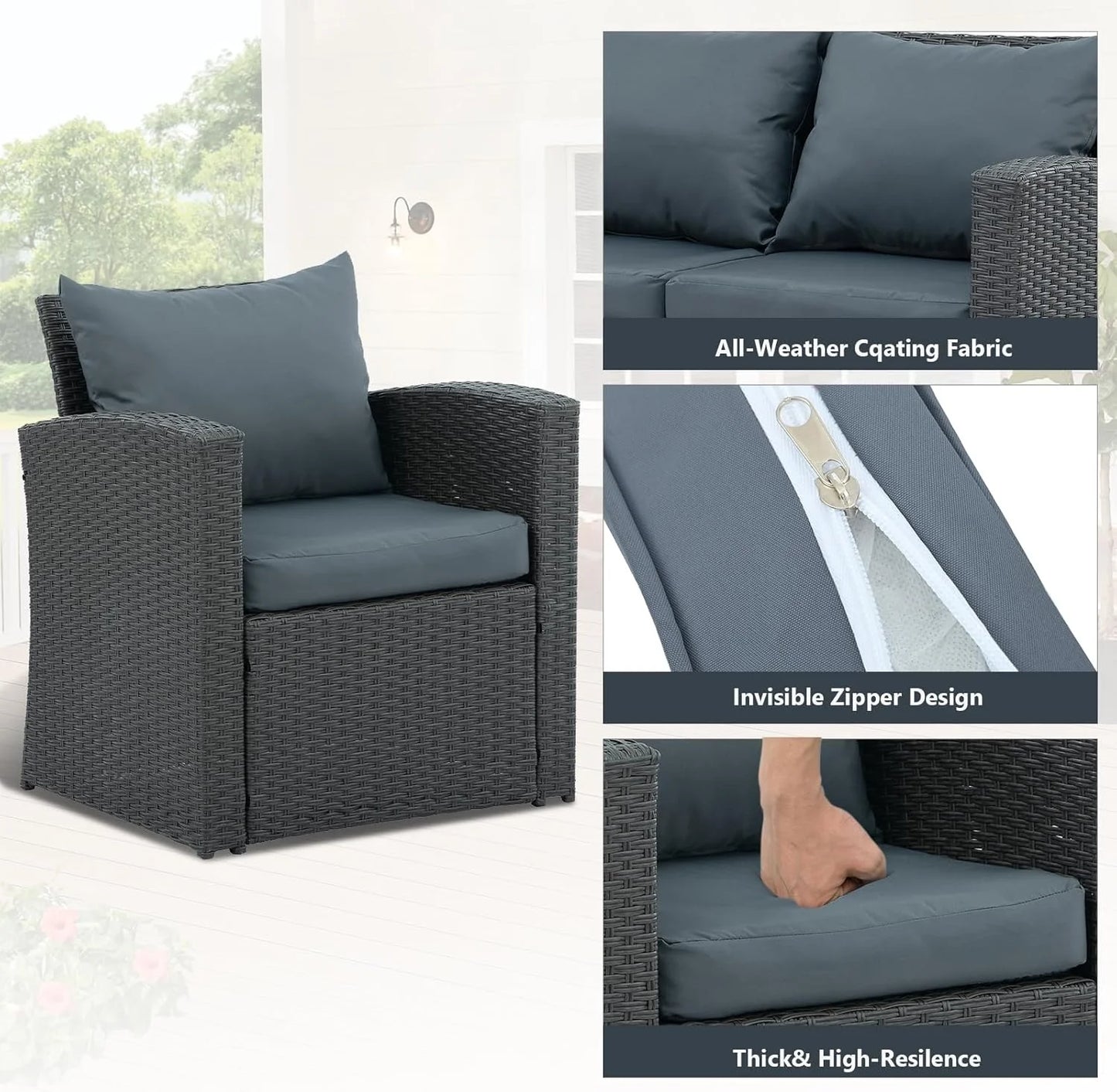 HighSound 4 Piece Patio Furniture Set, Outdoor Wicker Patio Sectional Sofa, All Weather PE Rattan Outdoor Sectional with Cushions & Coffee Table, Dark Gray