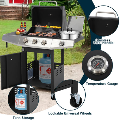 BBQ Grill, Seizeen Gas Grill with Side Burner, 40,000BTU 3-Burner Propane Grill w/Storage Cabinet, Steel Brush, Stainless Steel Camping for Backyard Patio, Portable Design on Wheels