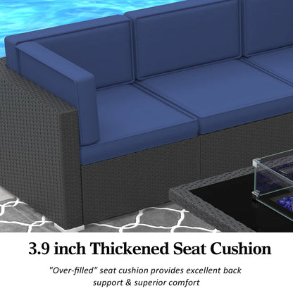8 Piece Patio Furniture Set with 44" Propane Gas Fire Pit Table, Outdoor Sectional Conversation Set Wicker Rattan Sofa Set with Coffee Table