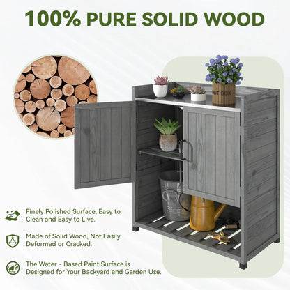 YODOLLA Potting Bench, Wooden Outdoor Storage Cabinet with Adjustable Shelf, Patio Storage with Metal Tabletop, Potting Table for Garden, Patio and Lawns, Gray