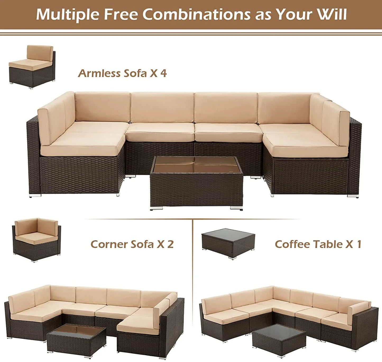 Danrelax 7-Piece Outdoor Sectional Sofa Patio Conversation Set, PE Rattan Wicker Furniture, Steel Frame, Brown