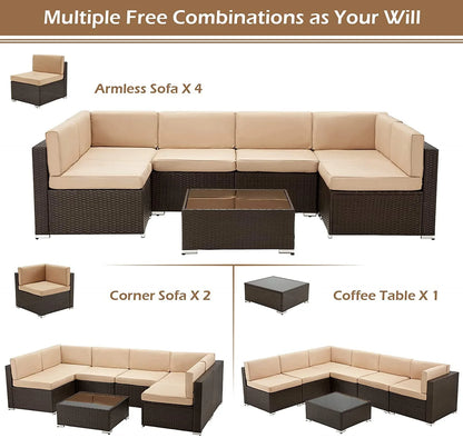 Danrelax 7-Piece Outdoor Sectional Sofa Patio Conversation Set, PE Rattan Wicker Furniture, Steel Frame, Brown