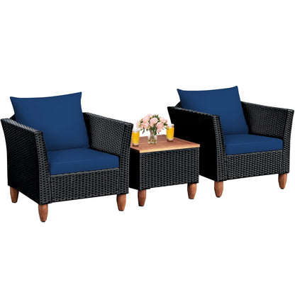 Costway 3PCS Outdoor Patio Rattan Furniture Set Wooden Table Top Cushioned Sofa Navy