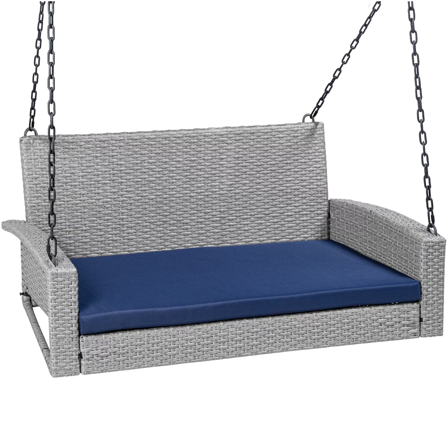 Best Choice Products Woven Wicker Hanging Porch Swing Bench for Patio, Deck w/Mounting Chains, Seat Cushion - Gray/Navy