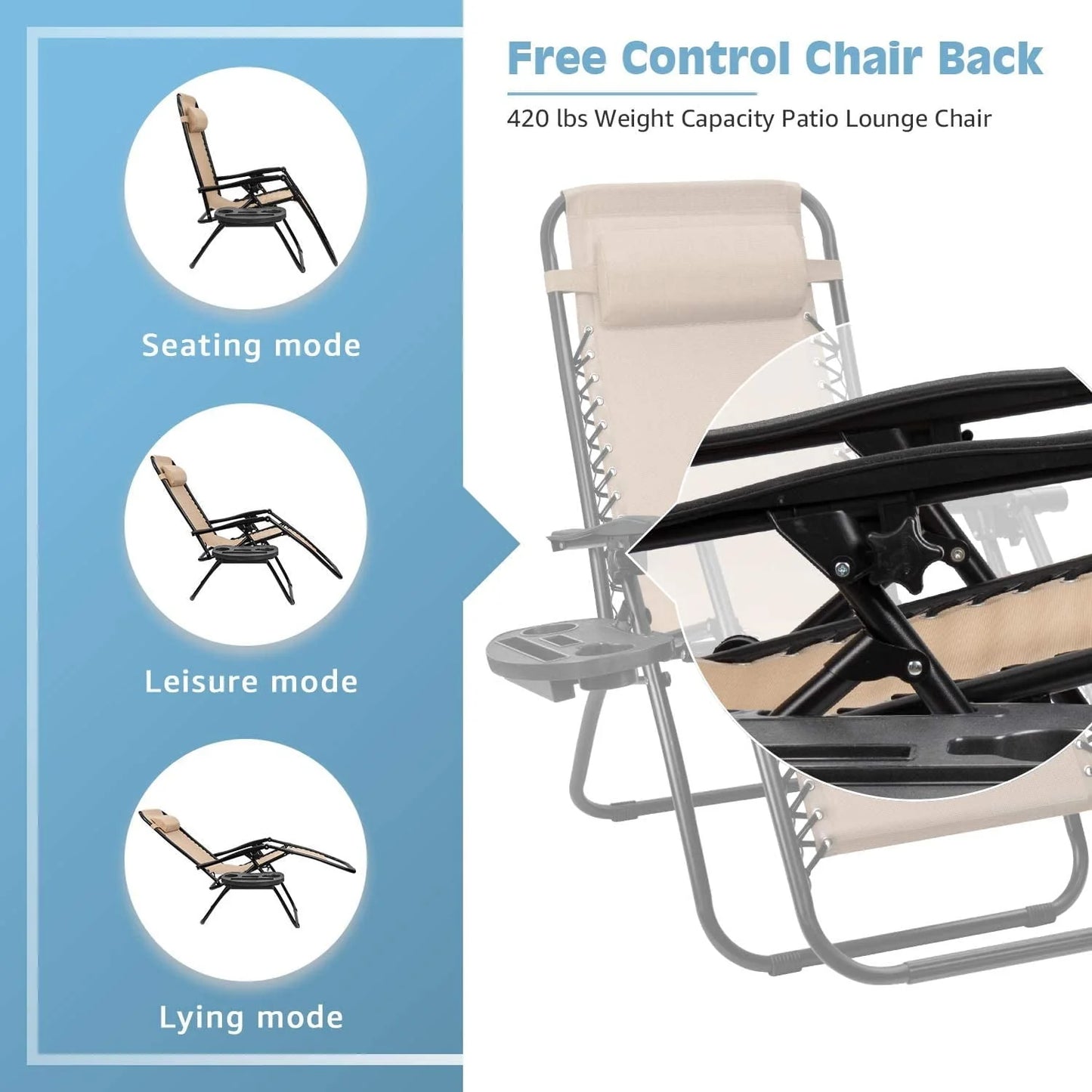Vineego 3 Pieces Zero Gravity Chair Patio Foldable Chaise Lounge Chairs 2 Beach Chairs and Table with Cup Holders,Beige