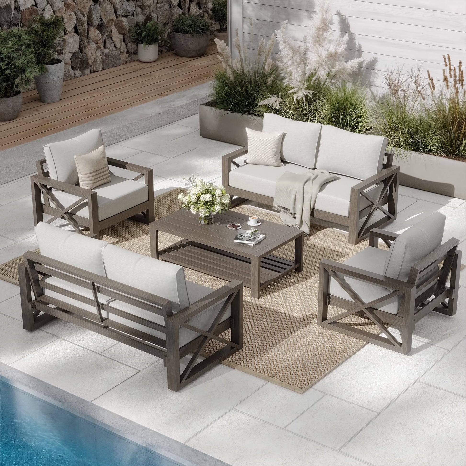 MRUAKA 5 Piece Aluminum Patio Furniture Set Faux Wood Grain Modern Outdoor Furniture Set with 6" Olefin Fabric Cushions and Coffee Table, 600D Waterproof Cover Included, Dark Grey
