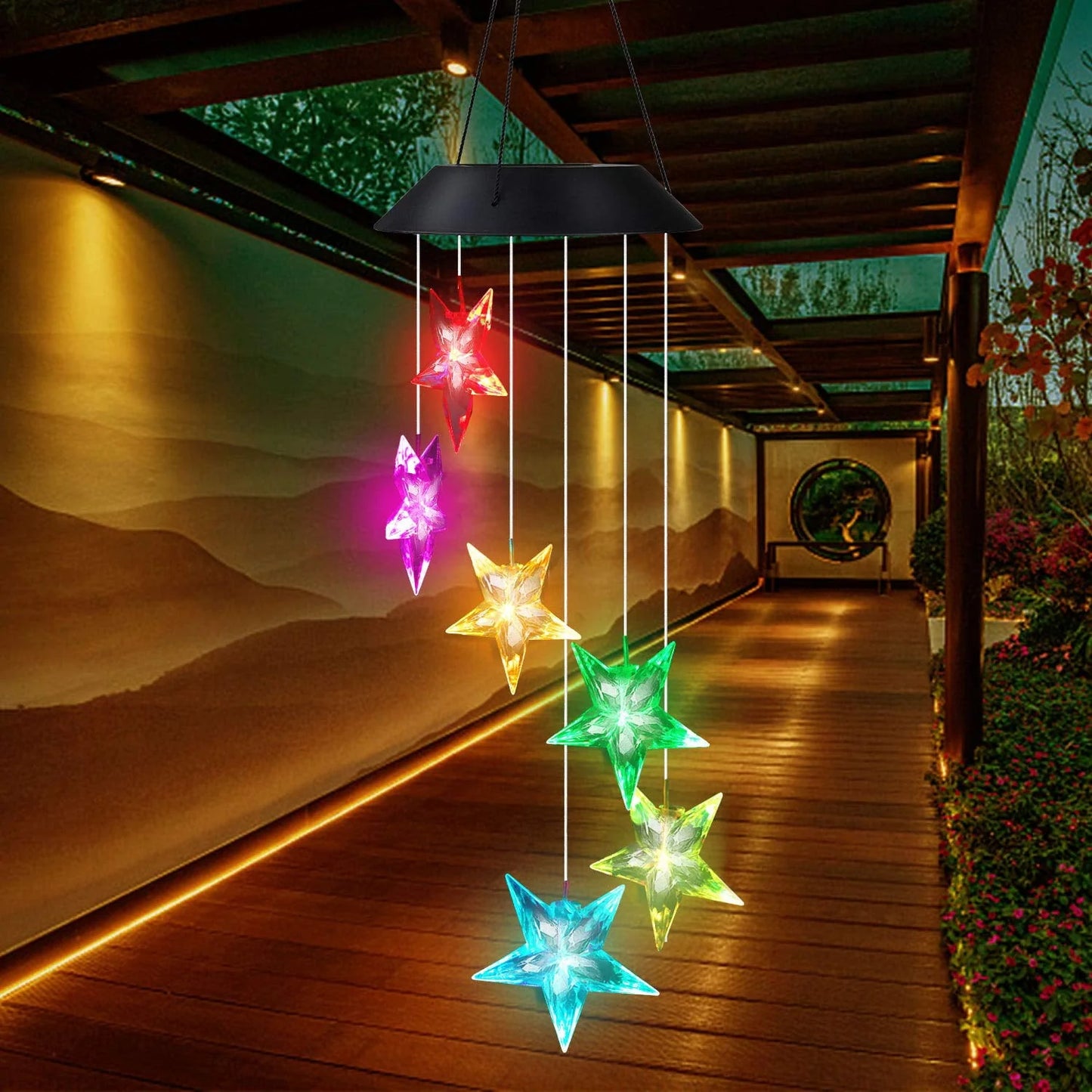 Solar Power Wind Chime, Color-Changing Star LED Wind Chime Waterproof Outdoor Decorative Automatic Wind Mobile Bell Light for Patio Yard Garden Home