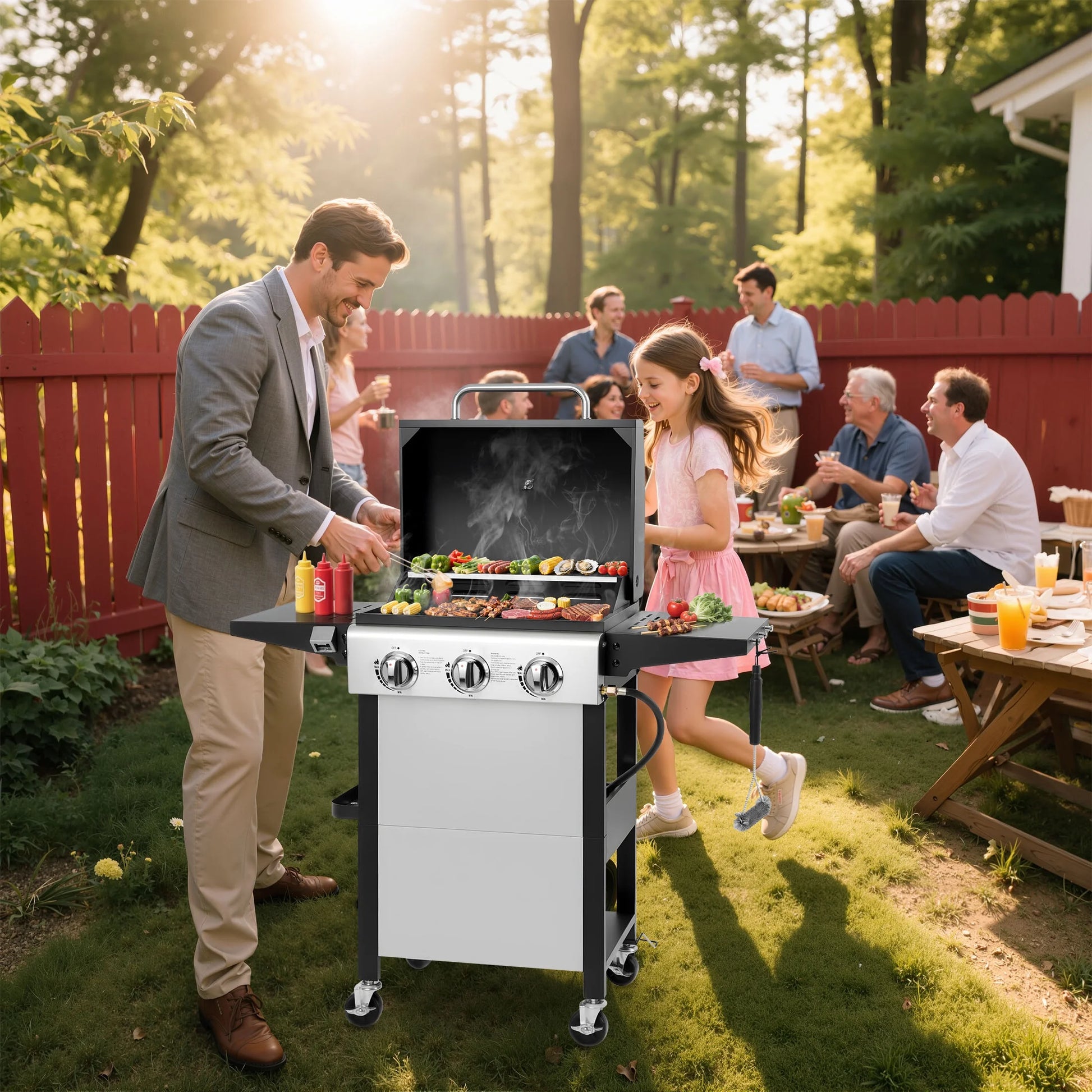 Yardmaster 3-Burner Propane Gas Grill with Side Table, Stainless Steel BBQ Grill Outdoor Cooking with Grates and Warming Rack, 30,000 Btu Barbecue Grill for Patio, Camping
