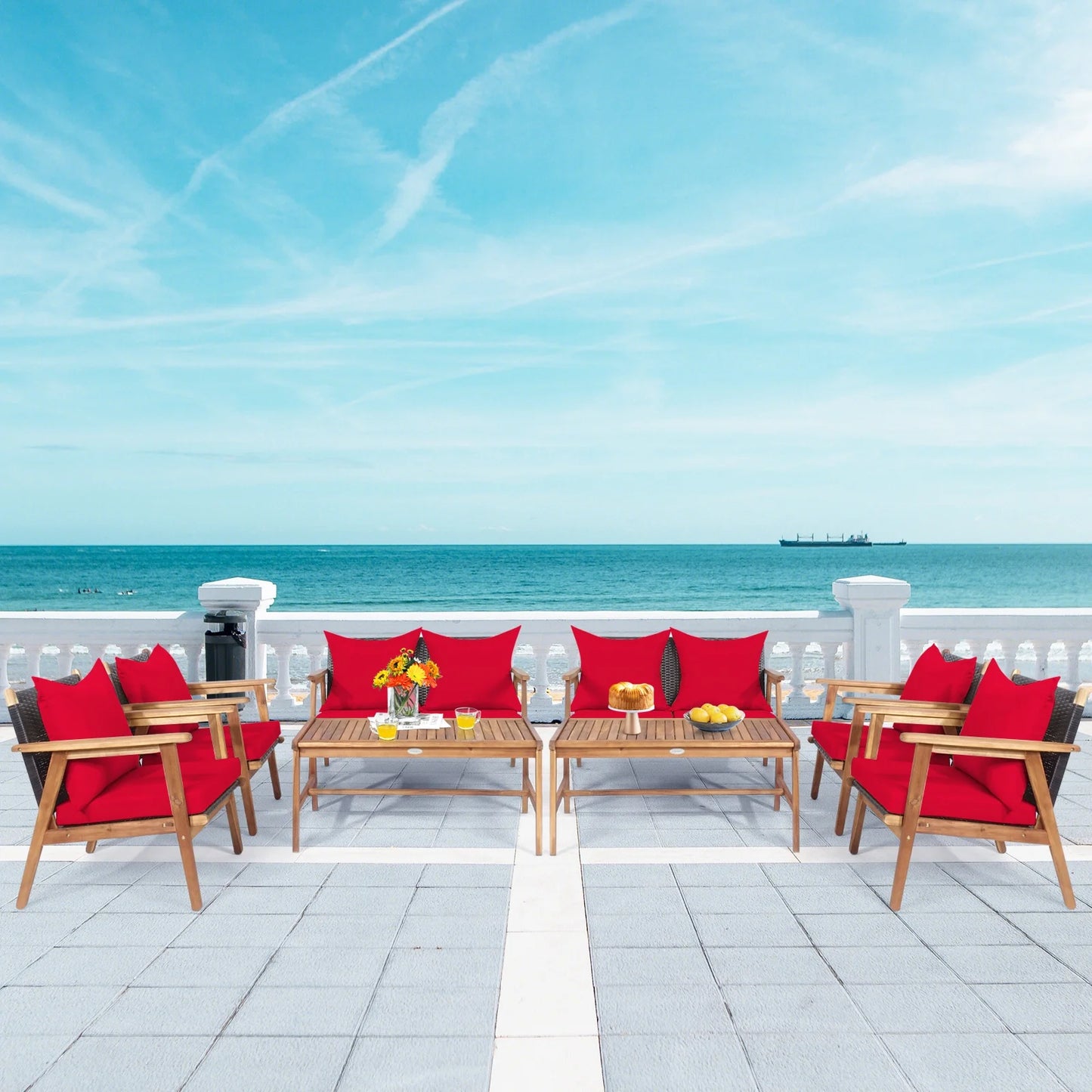 Patiojoy 8PCS Patio Rattan Furniture Set Wood Frame Cushioned Sofa with Coffee Table Sectional Conversation Sofa Set for Garden Brown