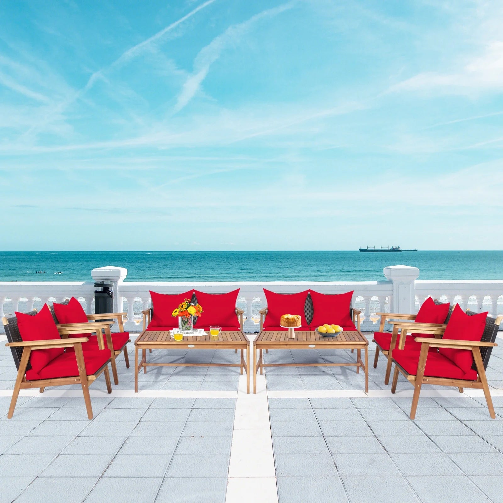 Patiojoy 8PCS Patio Rattan Furniture Set Wood Frame Cushioned Sofa with Coffee Table Sectional Conversation Sofa Set for Garden Brown
