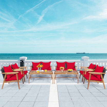 Patiojoy 8PCS Patio Rattan Furniture Set Wood Frame Cushioned Sofa with Coffee Table Sectional Conversation Sofa Set for Garden Brown