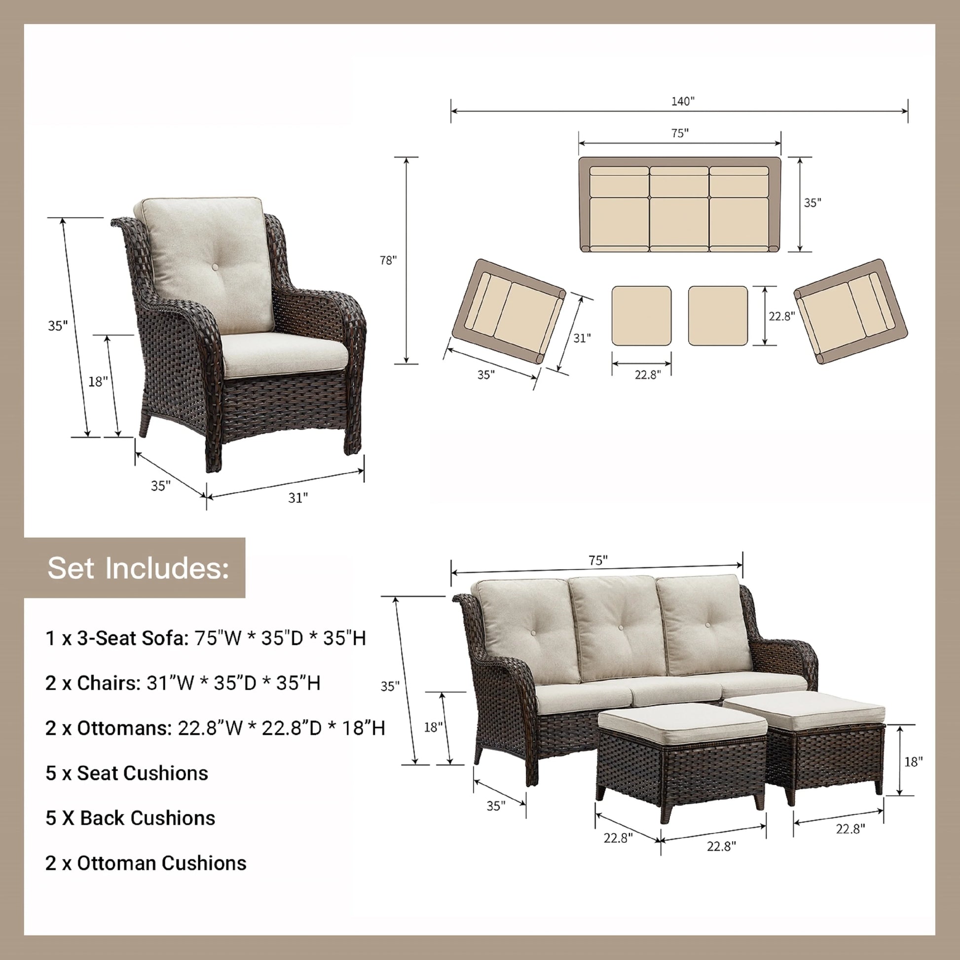 Pocassy 5-Piece Patio Furniture Set with Ottomans Brown/Beige