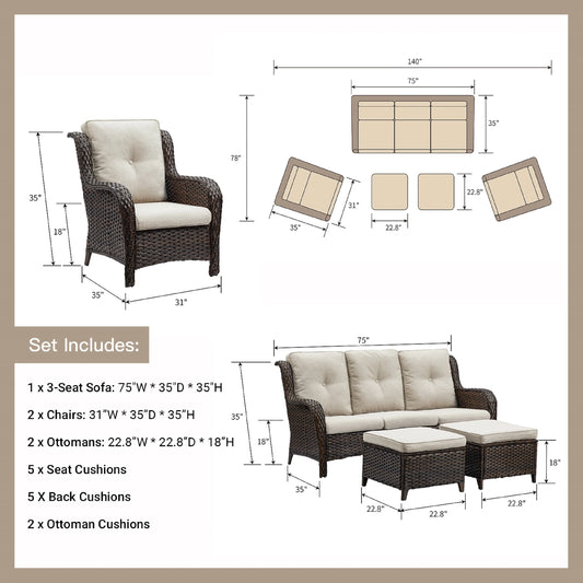 Pocassy 5-Piece Patio Furniture Set with Ottomans Brown/Beige