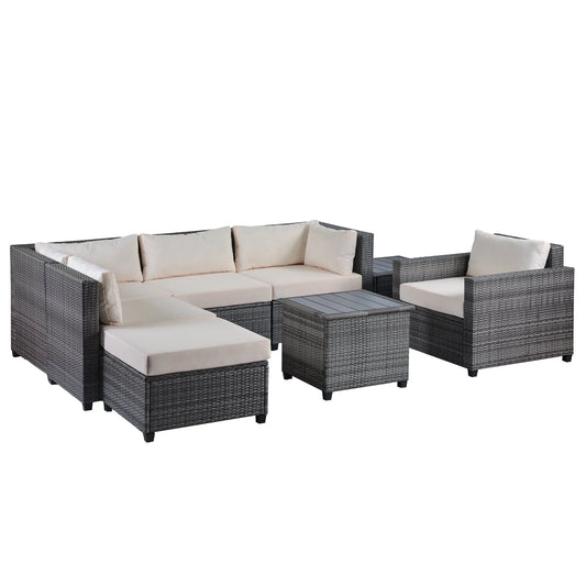 EUROCO 8PCS Patio Sofa Set Outdoor Furniture Sectional All-Weather Wicker Rattan Sofa Beige