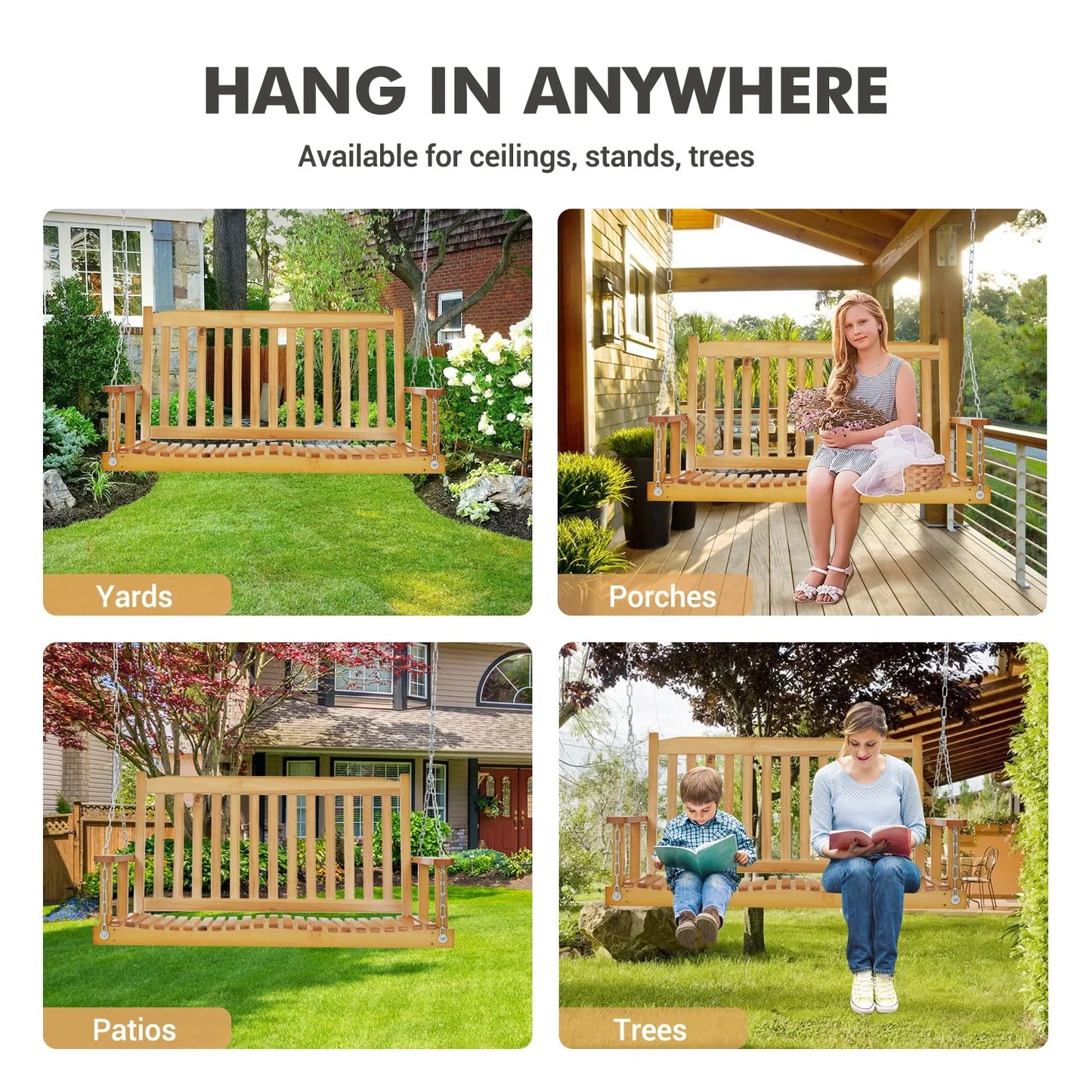 Garvee Outdoor Wooden Porch Swing 4FT, Patio Porch Bench Swing, Heavy Duty 440LBS Hanging Swing Chair Beach Outdoor Swings with Hanging Chain, Spring for Garden Deck Patio Outdoor Yard