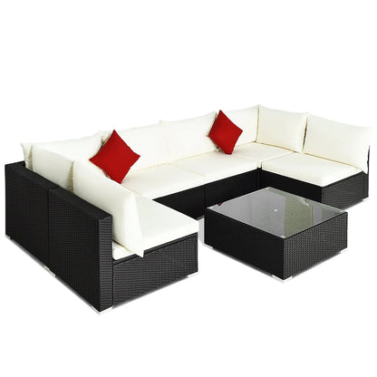 Gymax 7PCS Rattan Patio Conversation Sectional Furniture Set w/Cushion Pillow
