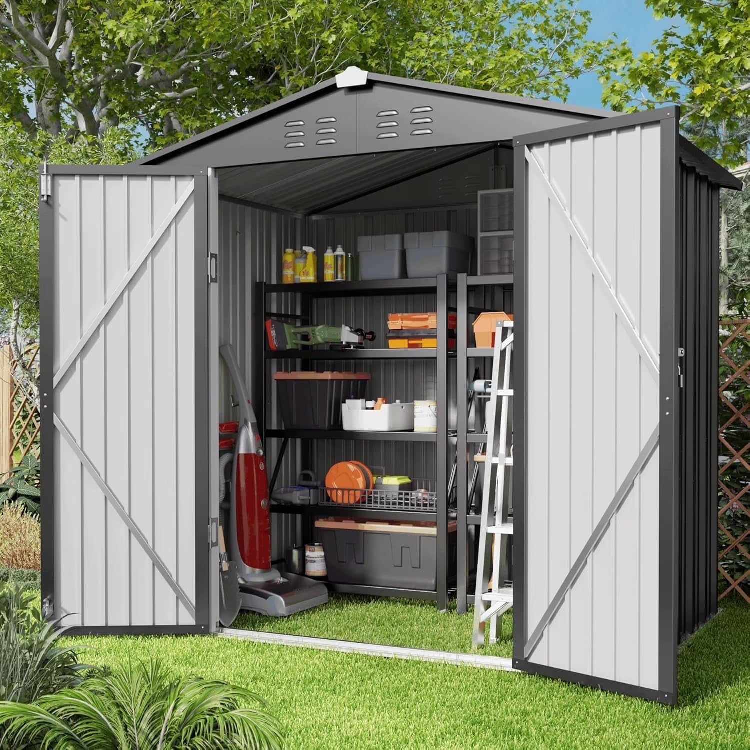 Lofka 6 x 4 FT Galvanized Metal Outdoor Storage Shed with Double Lockable Doors and Air Vents for Patio, Garden, Backyard, Lawn, Dark Gray
